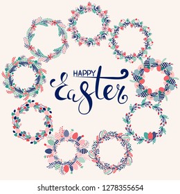 Happy Easter greeting card with spring holiday wreath decorated with colored eggs, festive flowers and natural botanical elements. Festive congratulation postcard with text.