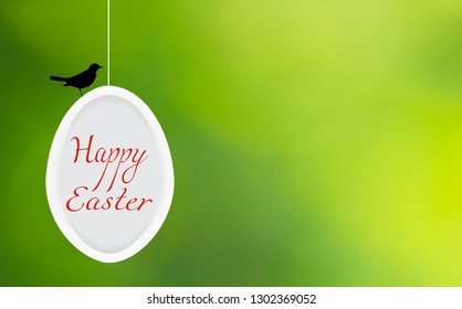 Happy Easter greeting card. Spring festive wallpaper on green blurry background. Decorative white egg, red invitation text and black bird silhouette. April celebration banner, vector design eps 10