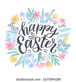 Happy easter greeting card. Easter spring hand drawn flowers background. Decorative floral easter frame with hand sketched lettering. Vector illustration EPS 10