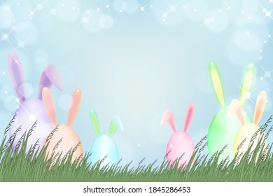 Happy Easter greeting card with Spring nature,Easter bunny egg hunt in green field.Vector Spring background with abstract blurry bokeh sun light effect.Tamplate banner for Easter or Spring sale concept