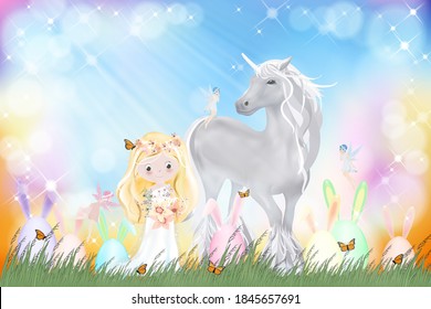 Happy Easter greeting card, Spring nature, Easter bunny egg hunt in green field,cute princess,unicorn and little fairies flying with butterfly on wild grass flowe.Vector Spring background 