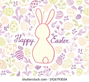 Happy Easter greeting card. Spring holiday bakground with rabbit bunny and handwritten lettering HAPPY EASTER over line drawn Easter icons eggs and flowers floral festive background