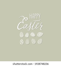 Happy Easter greeting card. Spring holiday background with  handwritten lettering HAPPY EASTER over line drawn Easter icons eggs and festive background.