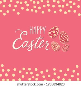 Frohe Ostern-Grußkarte. Frühlingsferien-Hintergrund mit Kaninchen-Kaninchen und handgeschriebenen Schriften GLÜCKLICHER OSTEROsterbeschriftung Eier und Blumen floraler festlicher Hintergrund.