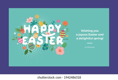 Happy easter greeting card. Easter spring hand drawn flowers background. Colorful Happy Easter greeting card with flowers and eggs. 