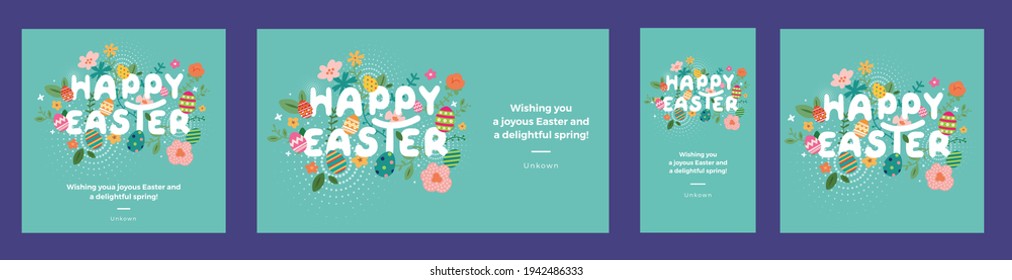 Happy easter greeting card. Easter spring hand drawn flowers background. Colorful Happy Easter greeting card with flowers and eggs. 