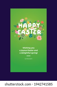 Happy easter greeting card. Easter spring hand drawn flowers background. Colorful Happy Easter greeting card with flowers and eggs. 