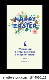 Happy easter greeting card. Easter spring hand drawn flowers background. Colorful Happy Easter greeting card with flowers and eggs. 