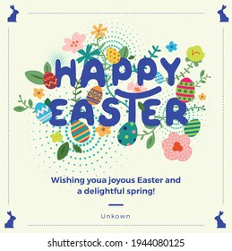 Happy easter greeting card. Easter spring hand drawn flowers background. Colorful Happy Easter greeting card with flowers and eggs. 