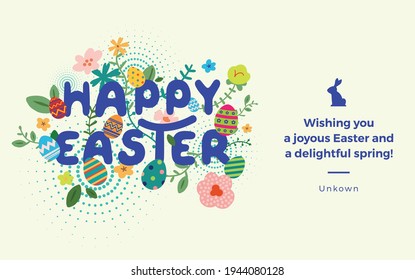 Feliz tarjeta de saludo de Pascua. La primavera de Pascua dibujó flores de fondo. Colorida tarjeta de felicitación Happy Easter con flores y huevos. 