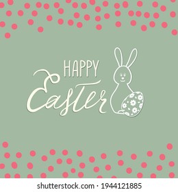 Happy Easter greeting card. Spring holiday background with rabbit bunny and handwritten lettering HAPPY EASTER over line drawn Easter icons eggs and retro background.