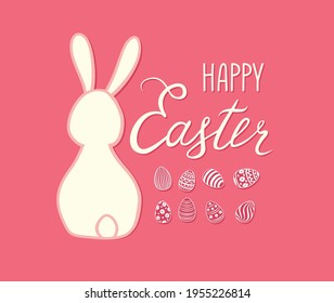 Happy Easter greeting card. Spring holiday background with rabbit bunny and handwritten lettering HAPPY EASTER over line drawn Easter icons eggs and pink background.