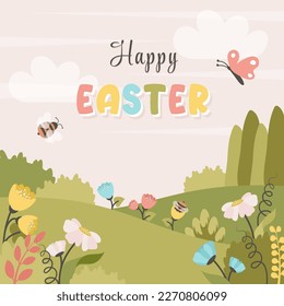 Happy Easter greeting card. Spring landscape with wildflowers, plants, leaves, butterfly, bee. Vector flat cartoon illustration for holiday poster, banner