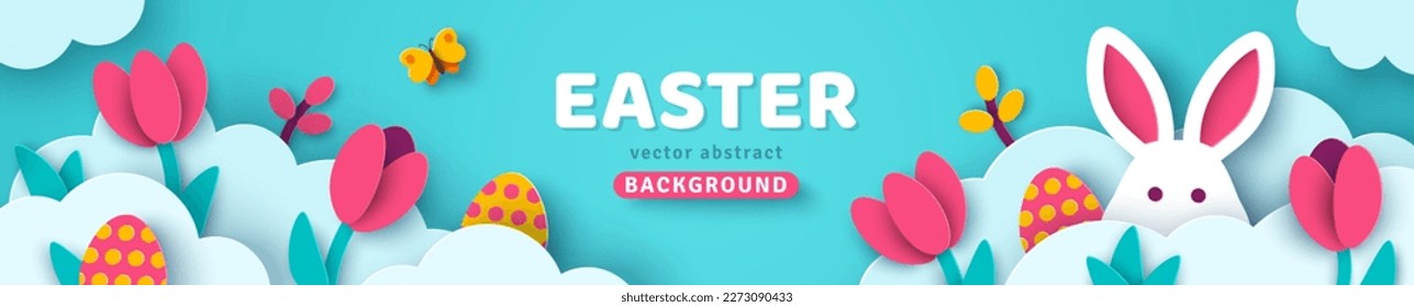 Happy Easter greeting card. Spring sale header voucher template, tulips and paper cut clouds, bunny rabbit and hidden eggs. Horizontal banner, border frame, promo card. Place for text.