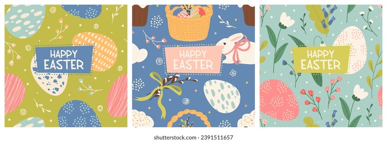 Happy Easter greeting card square template isolated set