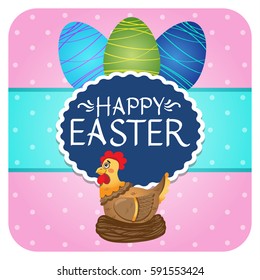 Happy Easter greeting card square in blue and pink colors. Festive vector polka dot banner with a hen and colorful eggs.