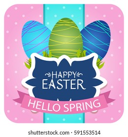 Happy Easter greeting card square in blue and pink colors. Festive vector polka dot banner with a hen and colorful eggs.