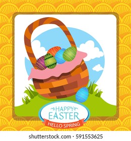 Happy Easter greeting card square. Festive vector banner with a basket and colorful eggs.