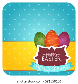 Happy Easter greeting card square. Festive vector polka dot banner with a hen and colorful eggs.