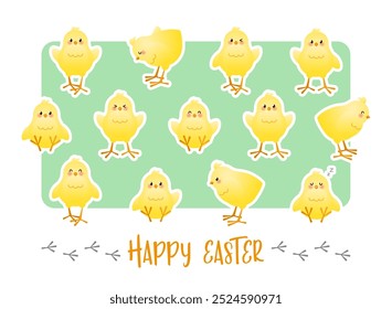 Happy Easter. Greeting card with stickers of cute chicks on a green background. Vector illustration.