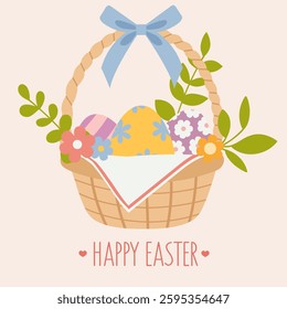 Happy Easter greeting card with straw Easter basket with painted decorative eggs, flowers and gift blue ribbon bow