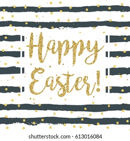 Happy Easter greeting card with stripes and glittering text.