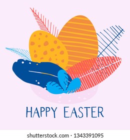 Happy Easter - greeting card in the style of flat. Easter eggs and text on the background of abstract plants. Social Media background and template. Vector holiday illustration.