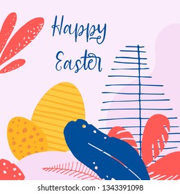 Happy Easter - greeting card in the style of flat. Easter eggs and text on the background of abstract plants. Social Media background and template. Vector holiday illustration.