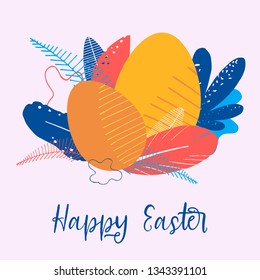 Happy Easter - greeting card in the style of flat. Easter eggs and text on the background of abstract plants. Social Media background and template. Vector holiday illustration.