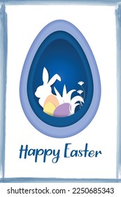 happy Easter greeting card style papercut in blue  tones. easter bunny and eggs surrounded by flowers vector