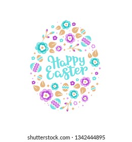 Happy Easter greeting card. Stylized easter egg from colorful leaves and flowers on a white background