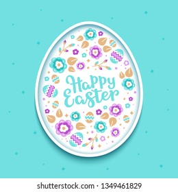 Happy Easter greeting card. Stylized easter egg from colorful leaves and flowers on a light blue background