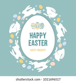 Happy Easter greeting card template. Stylized and plain graphic design. Vector illustration.