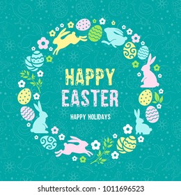 Happy Easter greeting card template. Stylized and plain graphic design. Vector illustration.