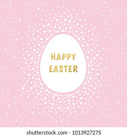 Happy Easter greeting card template with gold, golden letters and egg silhouette. Splash or spray background. Egg shape frame made of spots, specks, flecks. Dots frame with typographic composition.