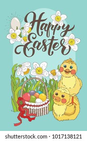 Happy Easter - greeting card template with hand drawn vector illustration of daffodils, basket with eggs and chickens