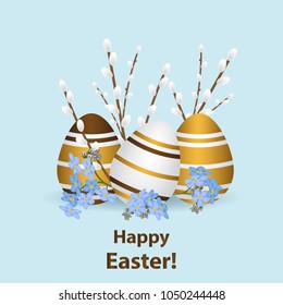happy Easter greeting card template. Multi-colored realistic eggs with a pattern, traditional willow branches and flowers forget-me-nots.Vector illustration.Light blue background