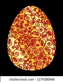 Happy Easter greeting card template. Red and golden egg symbol over black background. Vector spring illustration.