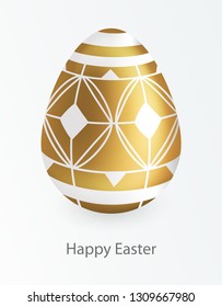 Happy easter greeting card template. gold egg with white geometrical ornament on the white isolated background.