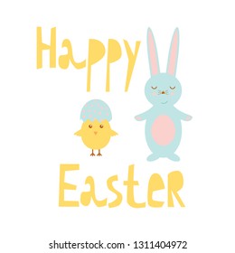Happy Easter greeting card template with bunny and chick, design vector illustration