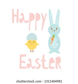 Happy Easter greeting card template with bunny and chick, design vector illustration