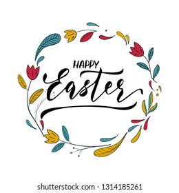 Happy Easter Greeting Card Template. Floral Hand Drawn Vector Design. Brush Lettering Holiday Vector Illustration.