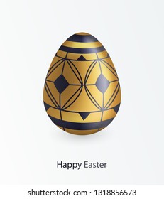 Happy easter greeting card template. gold egg with white geometrical ornament on the white isolated background.