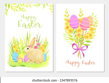 Happy Easter greeting card template set with rabbit, flowers, green leaves and eggs. 