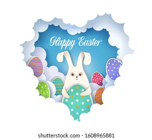 Happy Easter greeting card template. Vector layered paper cut style heart with cute rabbit and Easter eggs.