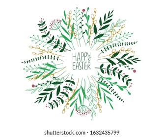 Happy Easter greeting card template. Spring illustration of decorative flowers and plants in circle shape. 