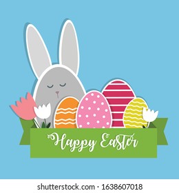 Happy Easter. Greeting card template. Vector flat illustration of colorful eggs, bunny, tulips and ribbon. Elements isolated on a blue background,