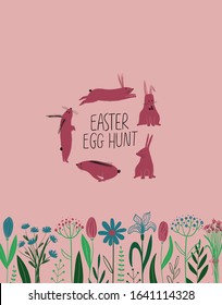 Happy Easter greeting card template with funny pink rabbits looking for the eggs. Easter egg hunt concept.