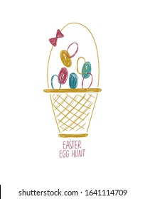 Happy Easter greeting card template. Basket full of chicken eggs. Easter egg hunt concept.