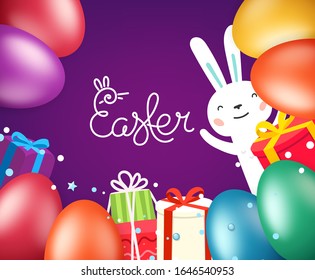 Feliz planilla de tarjetas de felicitación de Pascua con huevos y conejo lindo 